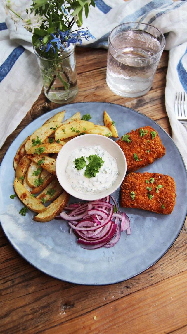 Fish and Chips with Pickled Red Onion and Parsley Dressing