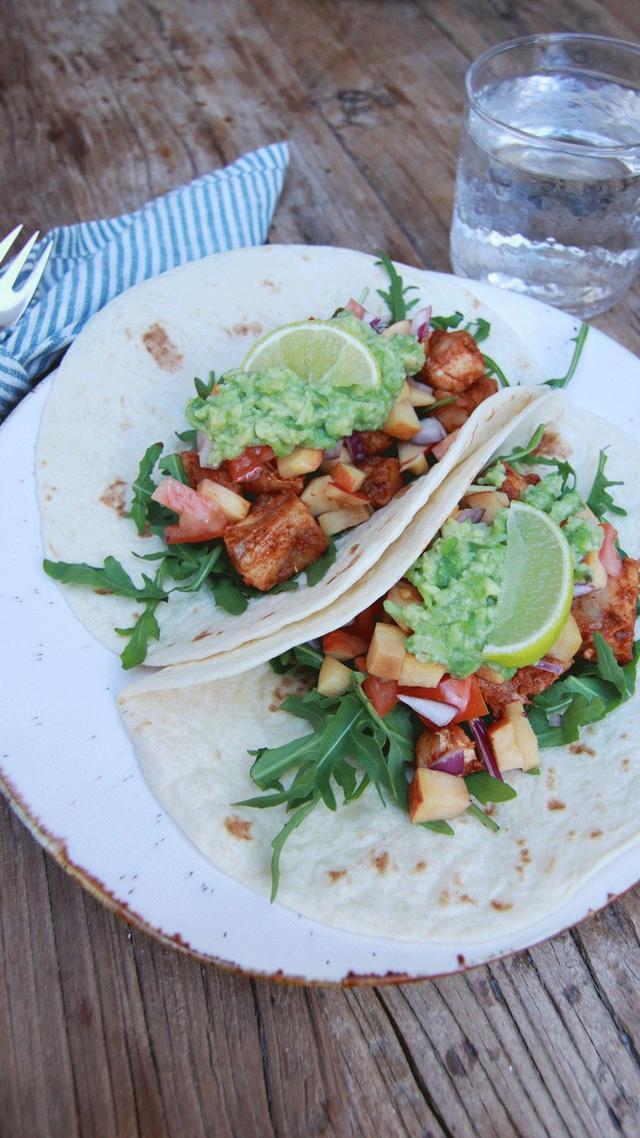 Cod Tacos with Guacamole and Nectarine Salsa