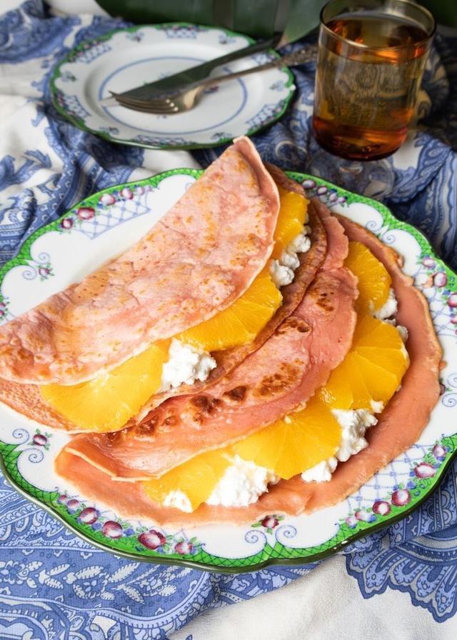Pink Pancakes with Cottage Cheese and Orange