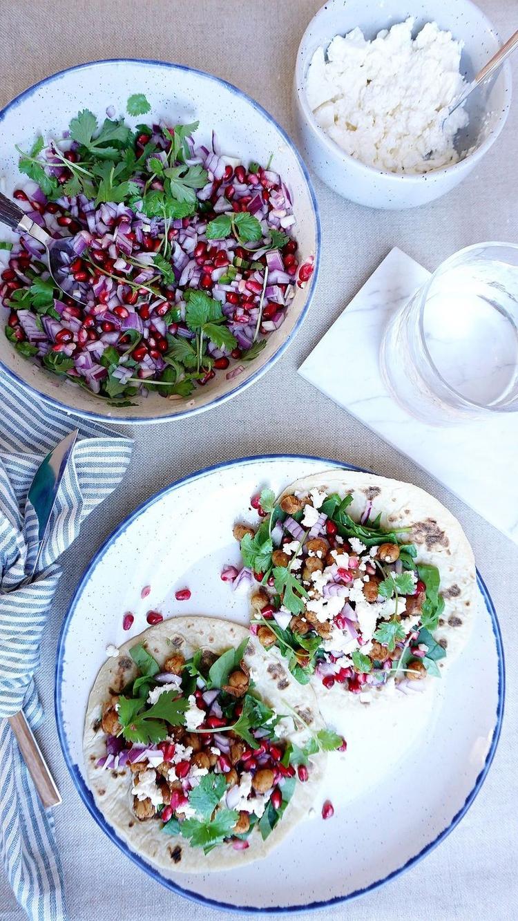 Spicy Chickpeas and Pomegranate Salsa in Homemade Potato Wraps