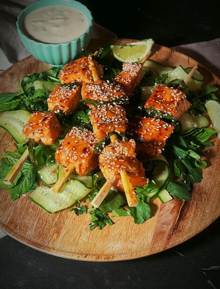 Salmon Skewers with Green Salad and Yogurt Sauce