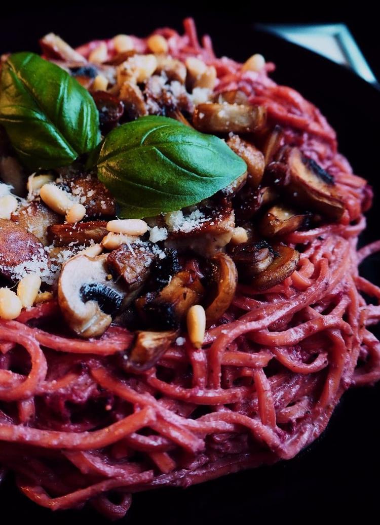 Pasta with Mushroom and Beetroot Pesto