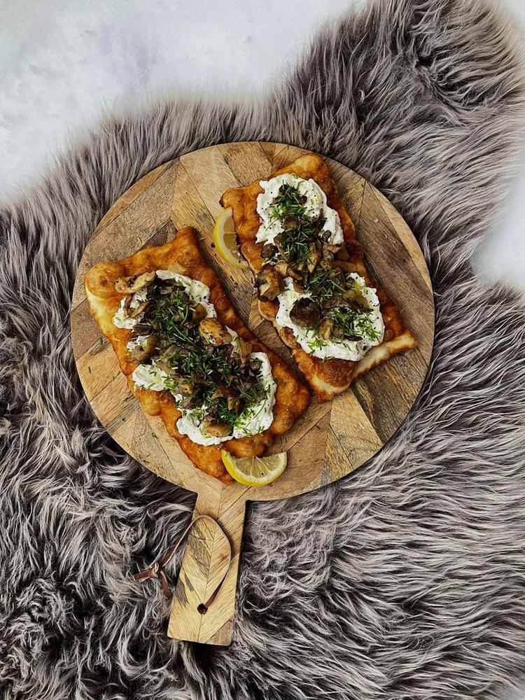 Langos on Fire with whipped Feta and Oyster Mushroom
