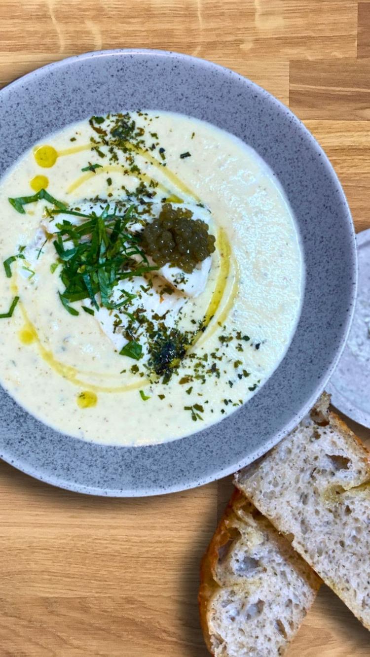 Smoked Fish Soup with Algae Pearls