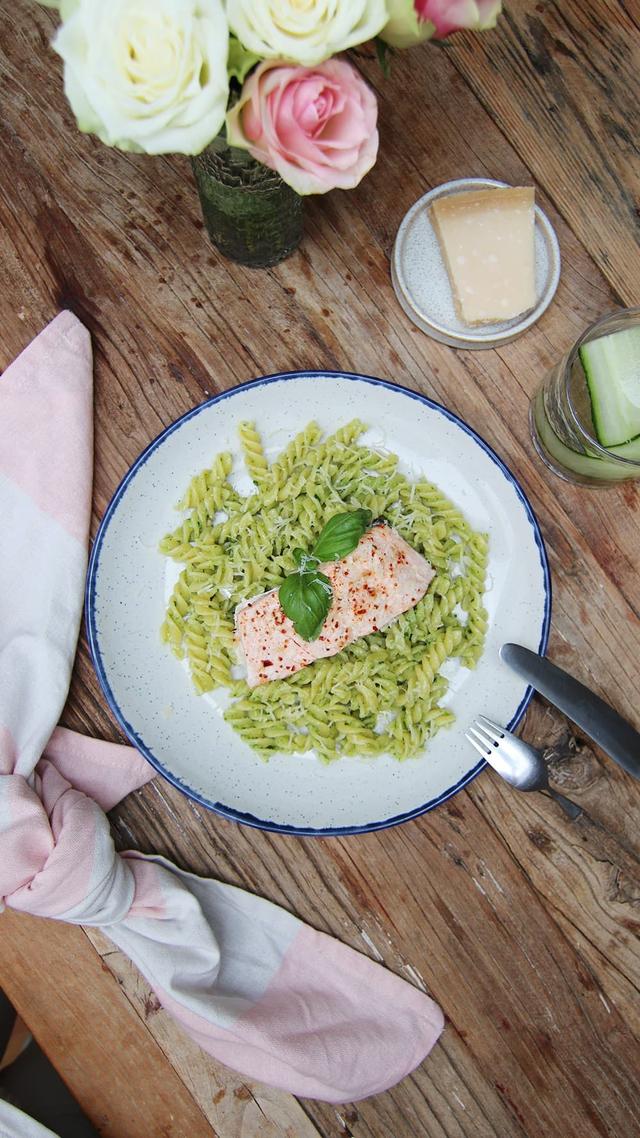 Homemade Pesto Pasta with Salmon