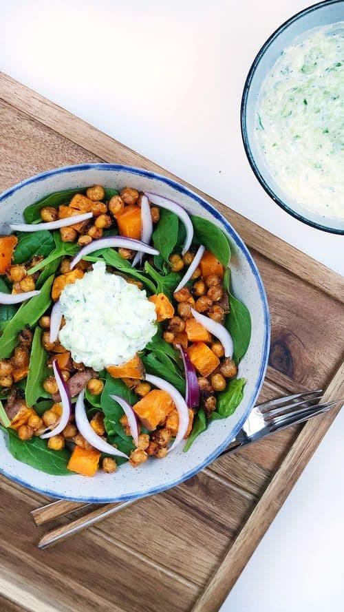 Salad with Roasted Chickpeas, Sweet Potato and Tzatziki