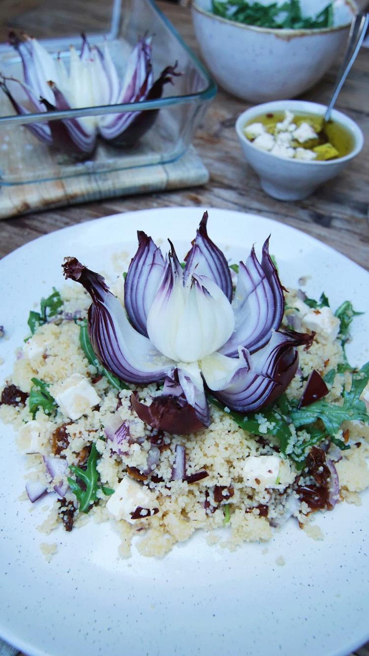 Couscous Salad with a Healthier Blooming Onion
