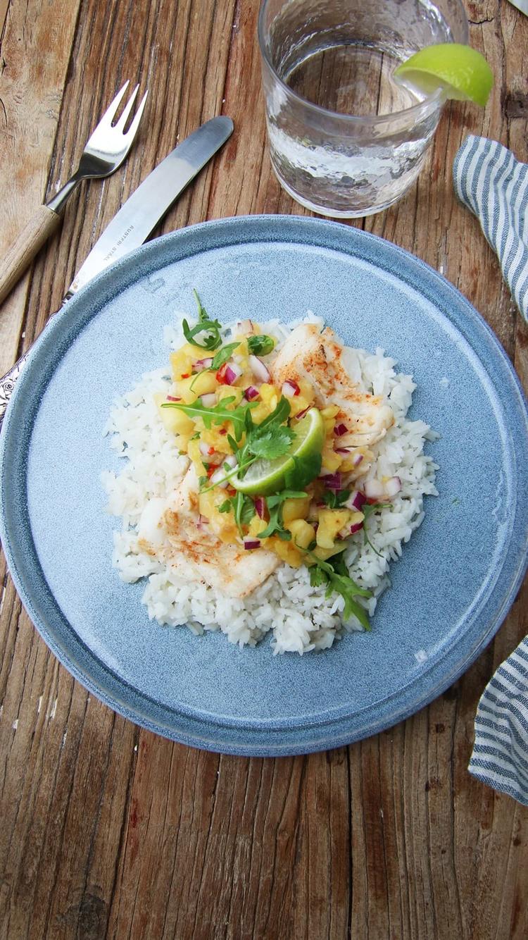 Grilled Pineapple and Lime-Marinated Pollock with Rice and Pineapple Salsa