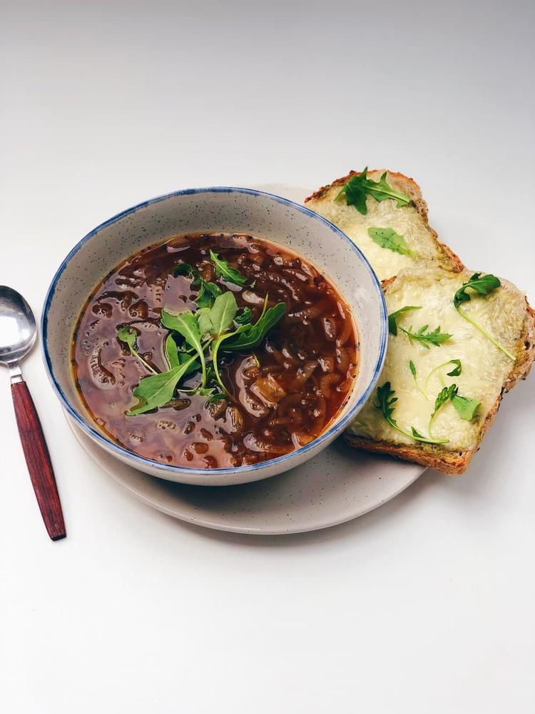 Onion Soup with Cheese & Pesto Toast