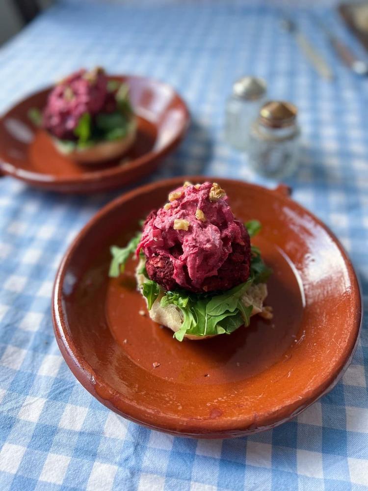 Leftover Burgers on Toast with Homemade Beet Salad