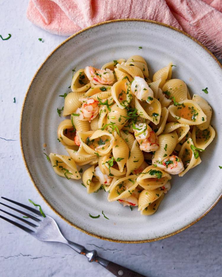 Pasta med argentinske villreker i hvitløkssmørsaus