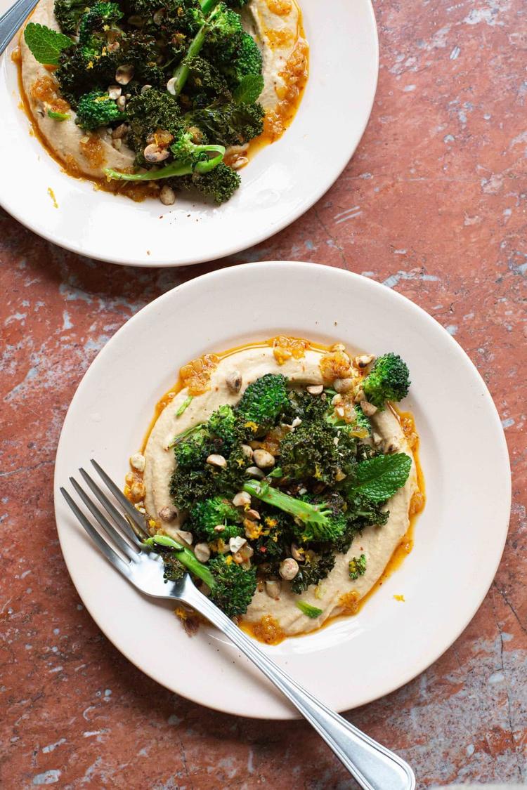 Spicy Hummus with Broccoli and Tangy Orange Sauce
